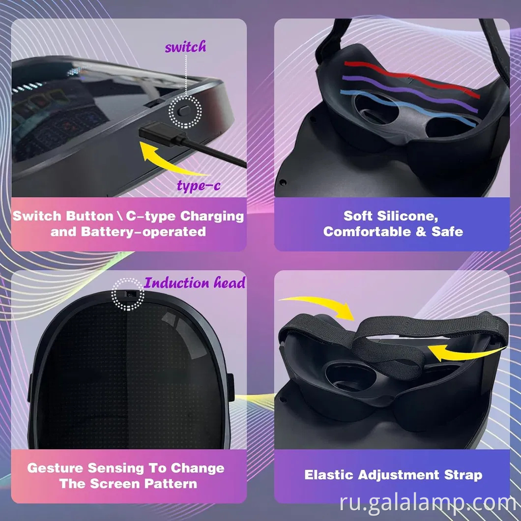 Настраиваемая Bluetooth-совместимая светодиодная маска с резарязимым управлением приложением